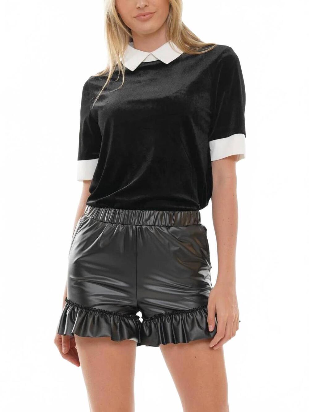 NEW WHY DRESS women's ruffle hem leather shorts in black